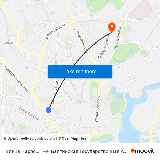 Улица Нарвская (На Ул. Нарвской) to Балтийская Государственная Академия Рыбопромыслового Флота. Корпус 3 map