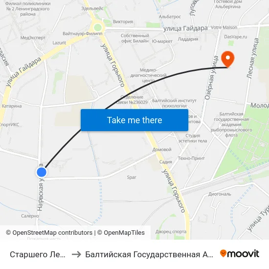 Старшего Лейтенанта Сибирякова to Балтийская Государственная Академия Рыбопромыслового Флота. Корпус 3 map