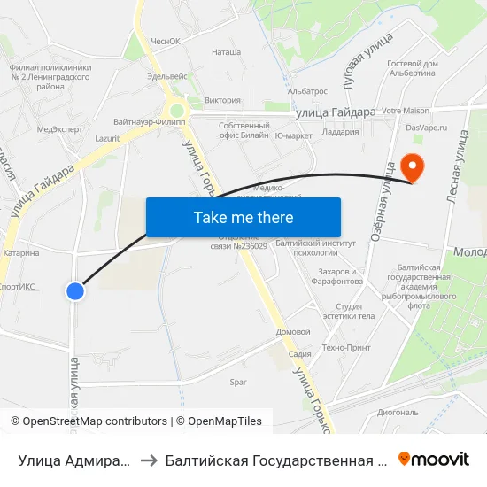 Улица Адмирала Макарова (Из Центра) to Балтийская Государственная Академия Рыбопромыслового Флота. Корпус 3 map