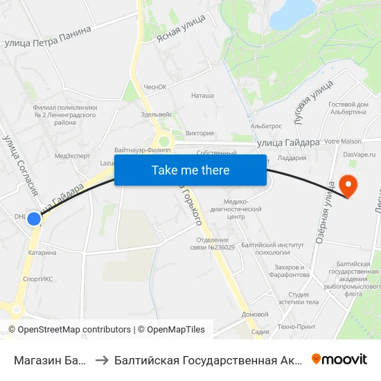 Магазин Бауцентр (Из Центра) to Балтийская Государственная Академия Рыбопромыслового Флота. Корпус 3 map