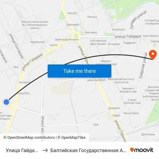 Улица Гайдара (На Ул. Челнокова) to Балтийская Государственная Академия Рыбопромыслового Флота. Корпус 3 map