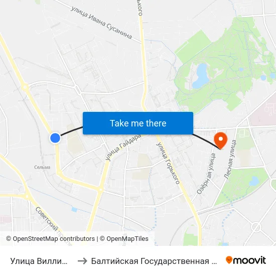 Улица Виллима Фермора (Из Центра) to Балтийская Государственная Академия Рыбопромыслового Флота. Корпус 3 map