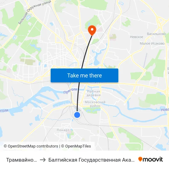 Трамвайное Депо (В Центр) to Балтийская Государственная Академия Рыбопромыслового Флота. Корпус 3 map