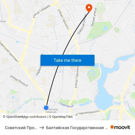 Советский Проспект (Северный Вокзал) to Балтийская Государственная Академия Рыбопромыслового Флота. Корпус 3 map