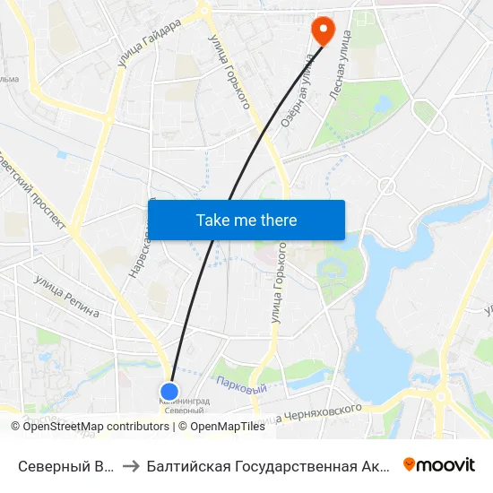 Северный Вокзал (Из Центра) to Балтийская Государственная Академия Рыбопромыслового Флота. Корпус 3 map