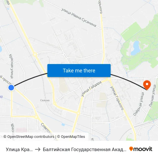 Улица Красная (В Центр) to Балтийская Государственная Академия Рыбопромыслового Флота. Корпус 3 map