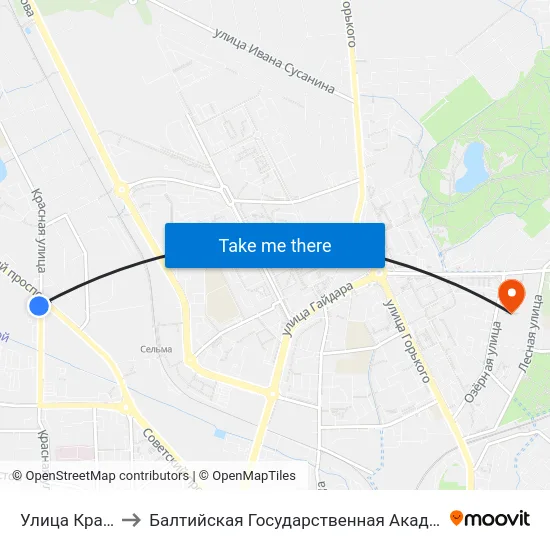 Улица Красная (В Центр) to Балтийская Государственная Академия Рыбопромыслового Флота. Корпус 3 map