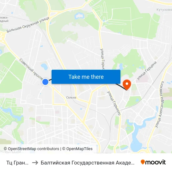 Тц Гранд (В Центр) to Балтийская Государственная Академия Рыбопромыслового Флота. Корпус 3 map