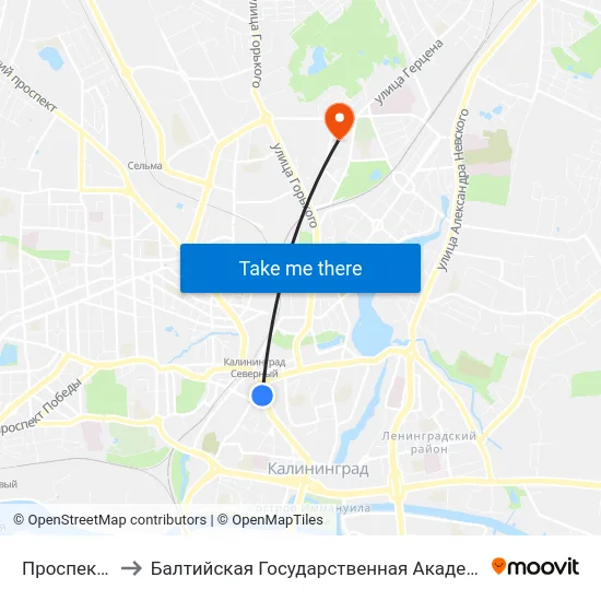 Проспект Ленинский to Балтийская Государственная Академия Рыбопромыслового Флота. Корпус 3 map