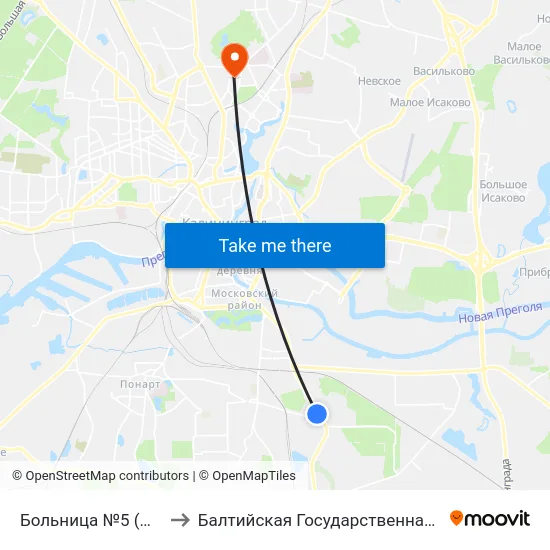 Больница №5 (На Ул. Муромской, Из Центра) to Балтийская Государственная Академия Рыбопромыслового Флота. Корпус 3 map