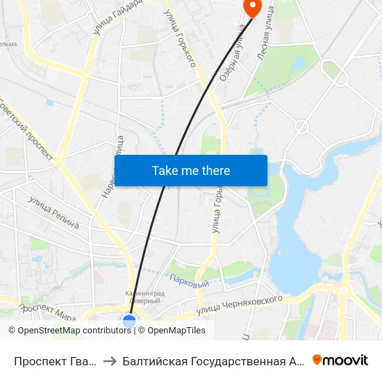 Проспект Гвардейский (Из Центра) to Балтийская Государственная Академия Рыбопромыслового Флота. Корпус 3 map