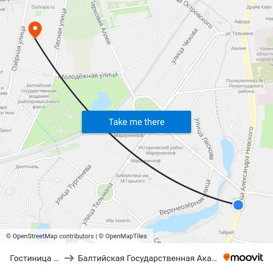 Гостиница Турист (В Центр) to Балтийская Государственная Академия Рыбопромыслового Флота. Корпус 3 map