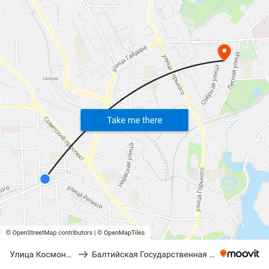 Улица Космонавта Леонова (Из Центра) to Балтийская Государственная Академия Рыбопромыслового Флота. Корпус 3 map