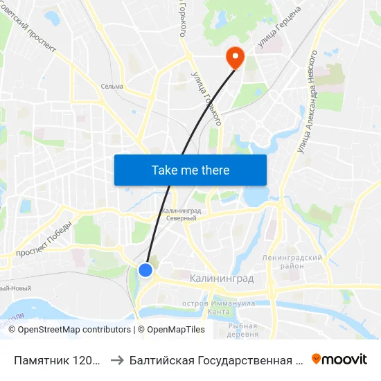 Памятник 1200 Гвардейцев (Из Центра) to Балтийская Государственная Академия Рыбопромыслового Флота. Корпус 3 map