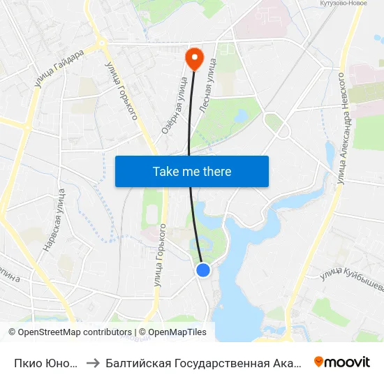 Пкио Юность (Из Центра) to Балтийская Государственная Академия Рыбопромыслового Флота. Корпус 3 map