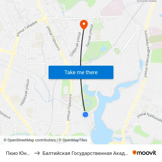 Пкио Юность (В Центр) to Балтийская Государственная Академия Рыбопромыслового Флота. Корпус 3 map