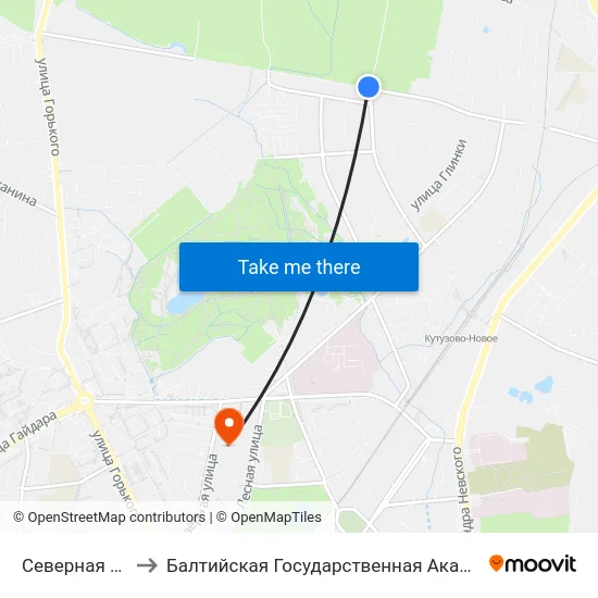 Северная Гора (Конечная) to Балтийская Государственная Академия Рыбопромыслового Флота. Корпус 3 map