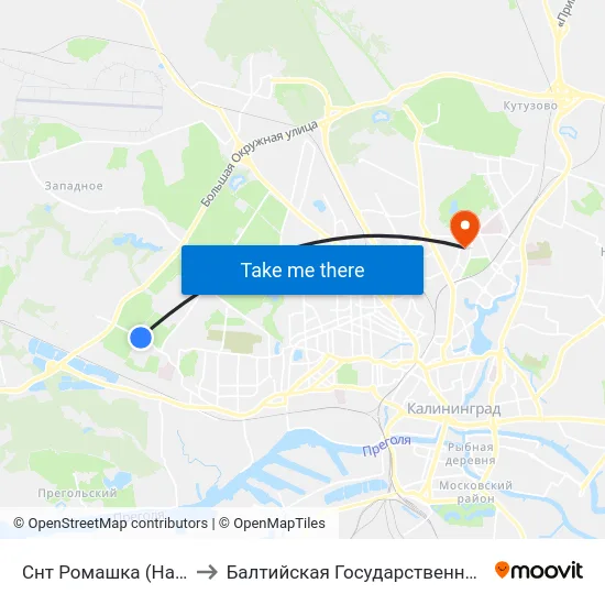 Снт Ромашка (На Ул. Тенистая Аллея, Из Центра) to Балтийская Государственная Академия Рыбопромыслового Флота. Корпус 3 map