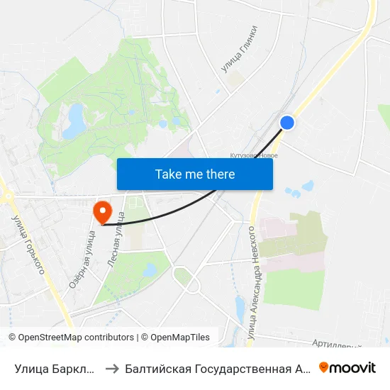 Улица Барклая Де Толли ( В Центр) to Балтийская Государственная Академия Рыбопромыслового Флота. Корпус 3 map