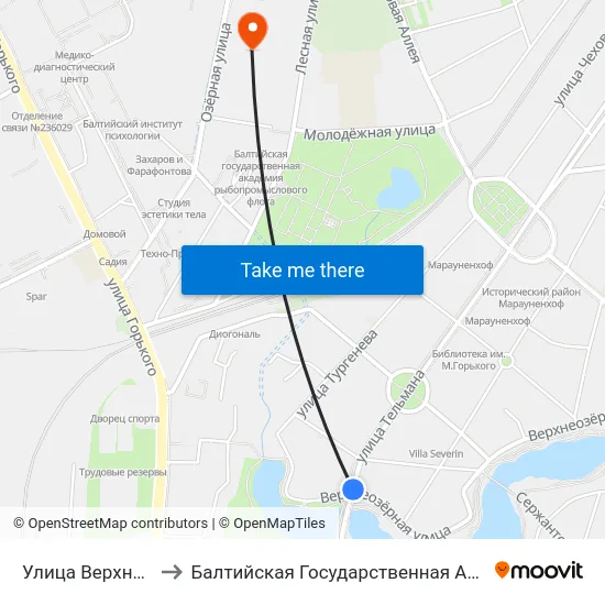 Улица Верхнеозерная (Из Центра) to Балтийская Государственная Академия Рыбопромыслового Флота. Корпус 3 map