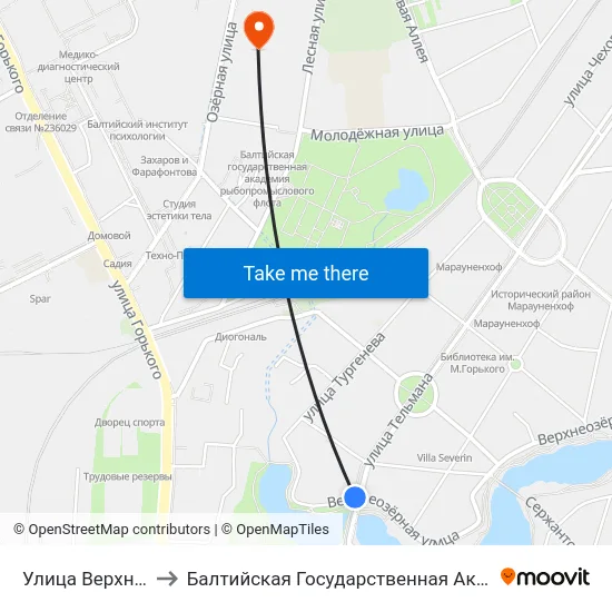 Улица Верхнеозерная (В Центр) to Балтийская Государственная Академия Рыбопромыслового Флота. Корпус 3 map
