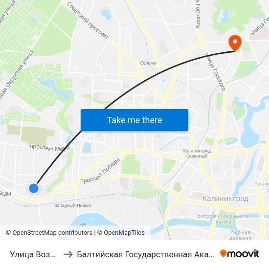 Улица Воздушная (В Центр) to Балтийская Государственная Академия Рыбопромыслового Флота. Корпус 3 map