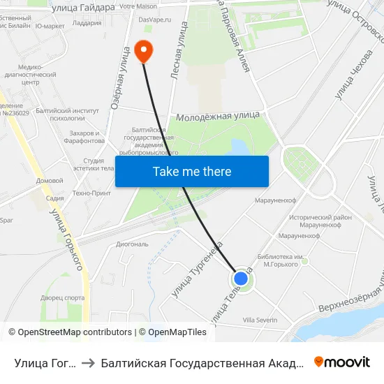 Улица Гоголя (В Центр) to Балтийская Государственная Академия Рыбопромыслового Флота. Корпус 3 map