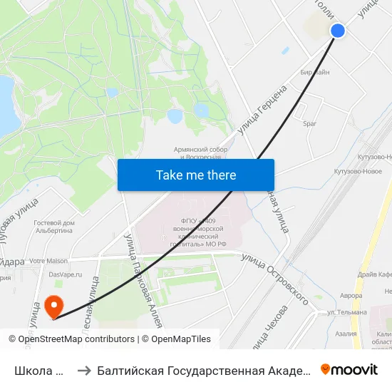 Школа №8 (В Центр) to Балтийская Государственная Академия Рыбопромыслового Флота. Корпус 3 map