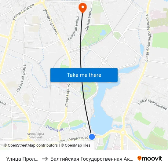 Улица Пролетарская (В Центр) to Балтийская Государственная Академия Рыбопромыслового Флота. Корпус 3 map