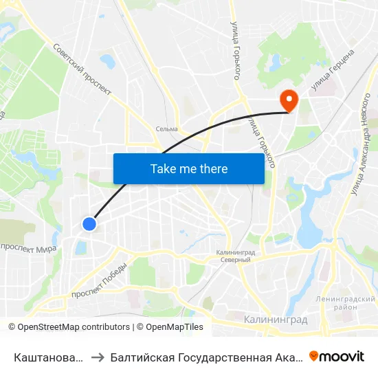 Каштановая Аллея (В Центр) to Балтийская Государственная Академия Рыбопромыслового Флота. Корпус 3 map
