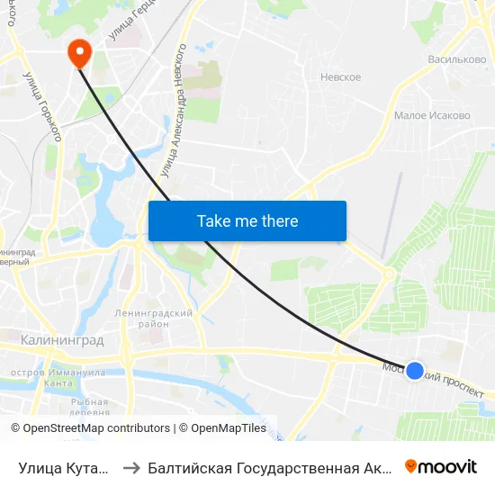 Улица Кутаисская (Из Центра) to Балтийская Государственная Академия Рыбопромыслового Флота. Корпус 3 map