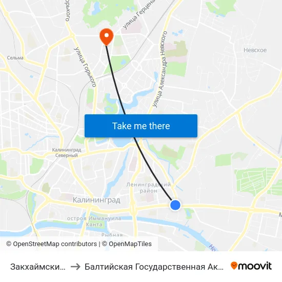 Закхаймские Ворота (В Центр) to Балтийская Государственная Академия Рыбопромыслового Флота. Корпус 3 map