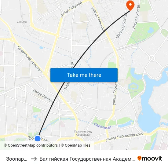 Зоопарк (В Центр) to Балтийская Государственная Академия Рыбопромыслового Флота. Корпус 3 map