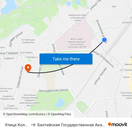 Улица Колхозная (В Центр) to Балтийская Государственная Академия Рыбопромыслового Флота. Корпус 3 map