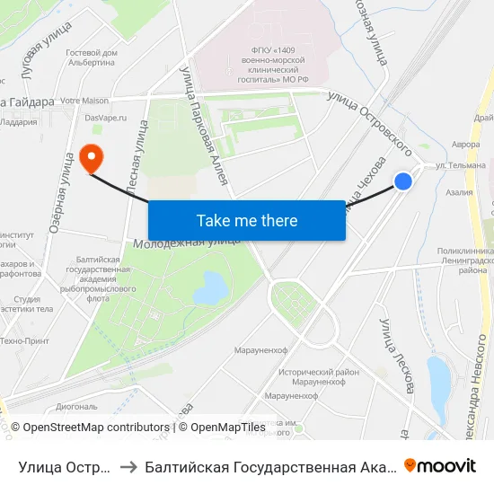 Улица Островского (В Центр) to Балтийская Государственная Академия Рыбопромыслового Флота. Корпус 3 map
