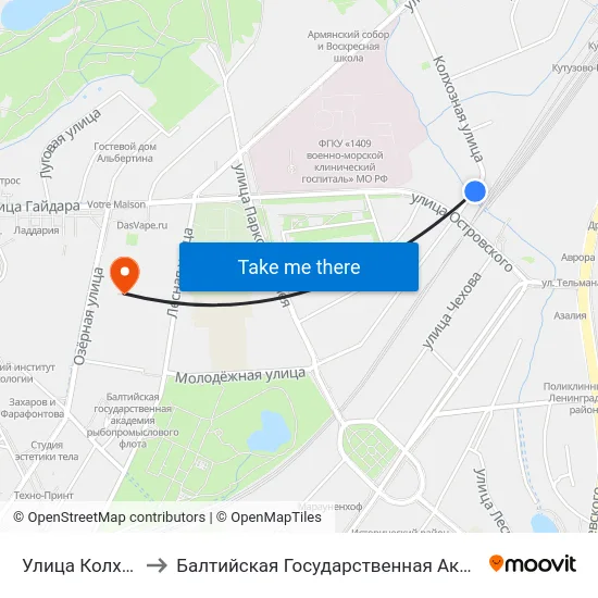 Улица Колхозная (Из Центра) to Балтийская Государственная Академия Рыбопромыслового Флота. Корпус 3 map