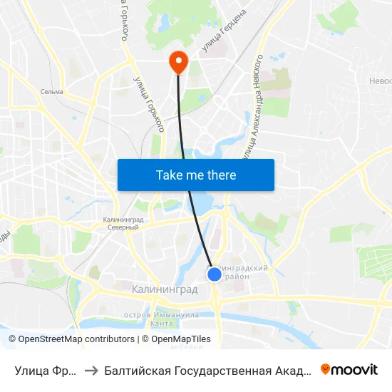 Улица Фрунзе (В Центр) to Балтийская Государственная Академия Рыбопромыслового Флота. Корпус 3 map