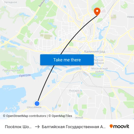 Посёлок Шоссейный (Из Центра) to Балтийская Государственная Академия Рыбопромыслового Флота. Корпус 3 map