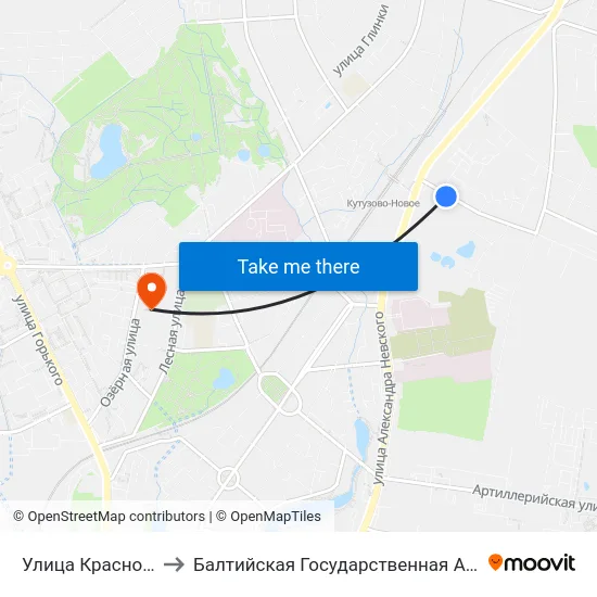 Улица Краснокаменная (Из Центра) to Балтийская Государственная Академия Рыбопромыслового Флота. Корпус 3 map