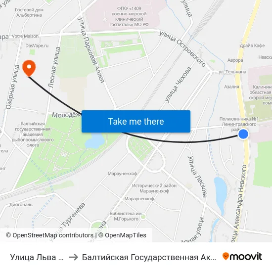 Улица Льва Толстого (В Центр) to Балтийская Государственная Академия Рыбопромыслового Флота. Корпус 3 map