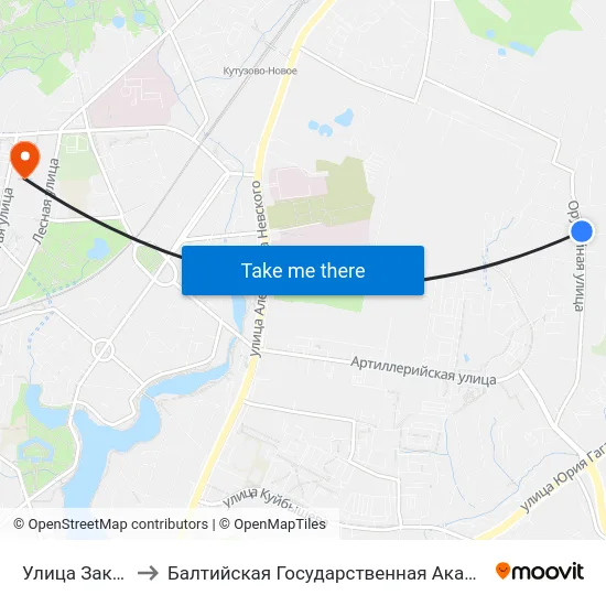 Улица Закатная (В Центр) to Балтийская Государственная Академия Рыбопромыслового Флота. Корпус 3 map