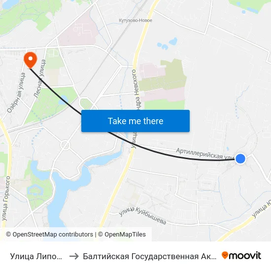 Улица Липовая Аллея (В Центр) to Балтийская Государственная Академия Рыбопромыслового Флота. Корпус 3 map
