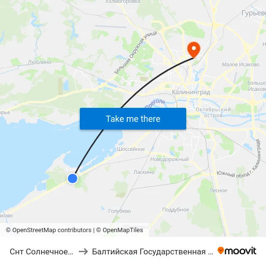 Снт Солнечное (По Требованию, В Центр) to Балтийская Государственная Академия Рыбопромыслового Флота. Корпус 3 map