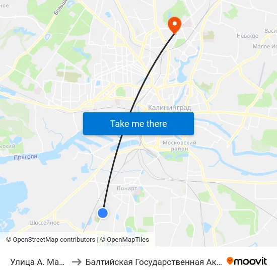 Улица А. Матросова (Из Центра) to Балтийская Государственная Академия Рыбопромыслового Флота. Корпус 3 map