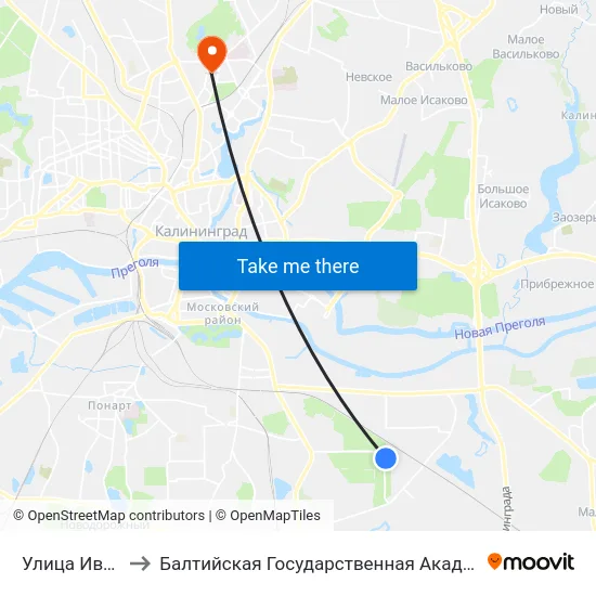 Улица Ивана Земнухова to Балтийская Государственная Академия Рыбопромыслового Флота. Корпус 3 map
