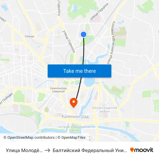 Улица Молодёжная (Из Центра) to Балтийский Федеральный Университет Имени Иммануила Канта map