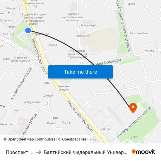 Проспект Ленинский to Балтийский Федеральный Университет Имени Иммануила Канта map