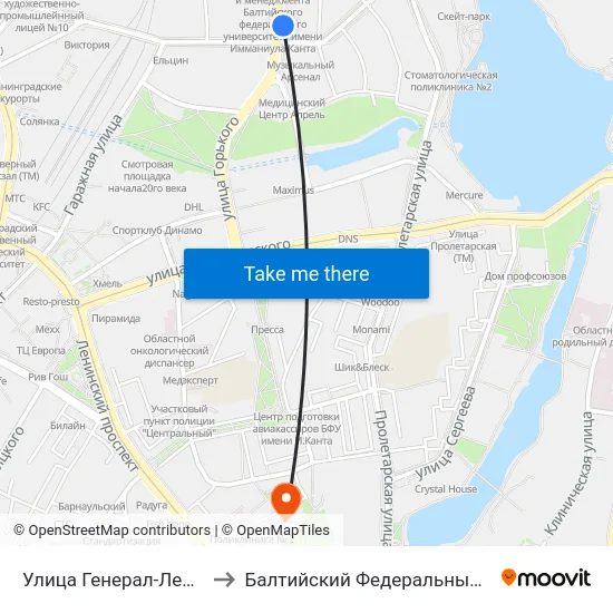Улица Генерал-Лейтенанта Озерова (Из Центра) to Балтийский Федеральный Университет Имени Иммануила Канта map