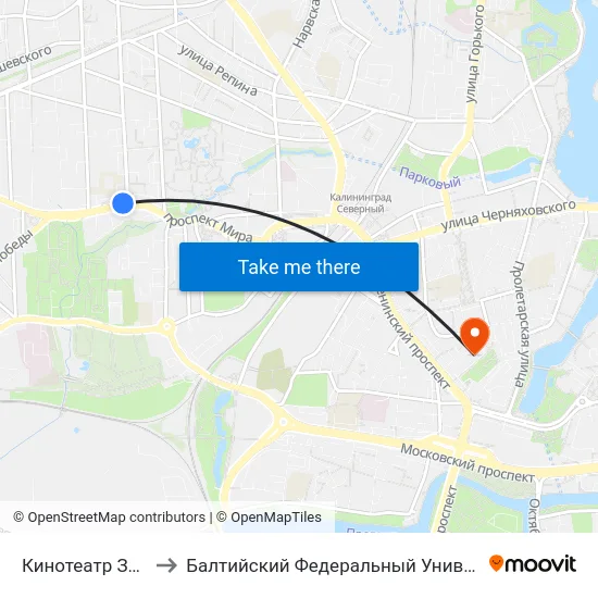 Кинотеатр Заря (Из Центра) to Балтийский Федеральный Университет Имени Иммануила Канта map