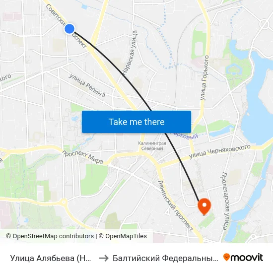 Улица Алябьева (На Советском Проспекте, В Центр) to Балтийский Федеральный Университет Имени Иммануила Канта map
